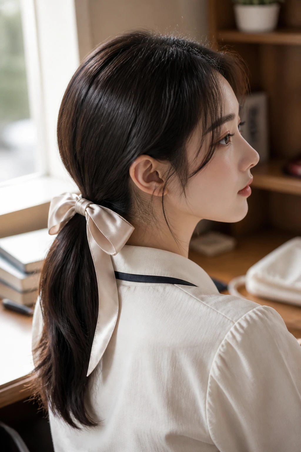 Close-up portrait of a real woman with a sleek natural low ponytail and silk ribbon in a study setting