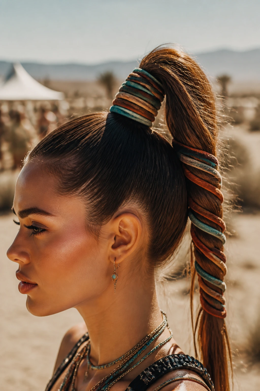 Real woman with high ponytail wrapped in colorful suede cords at festival.
