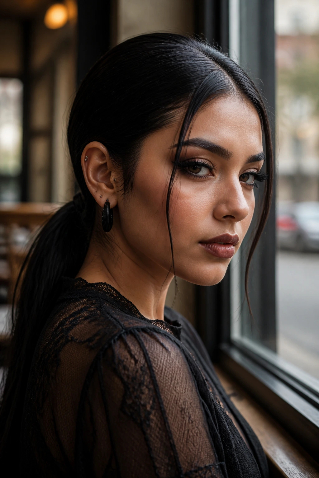 Close-up of a real person with a sleek low ponytail and face framing tendrils in natural light
