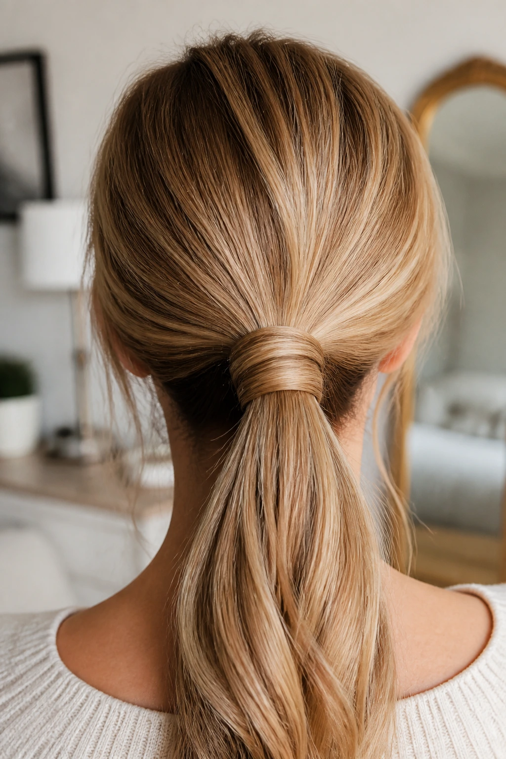 Back view of a real woman's ponytail with the wrap-tuck hiding the elastic