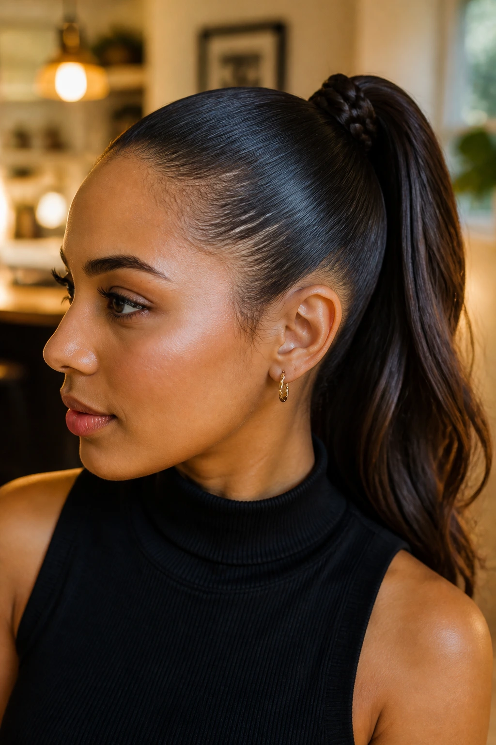 Close-up of a real woman showing a ponytail with a braid wrapped around the base.
