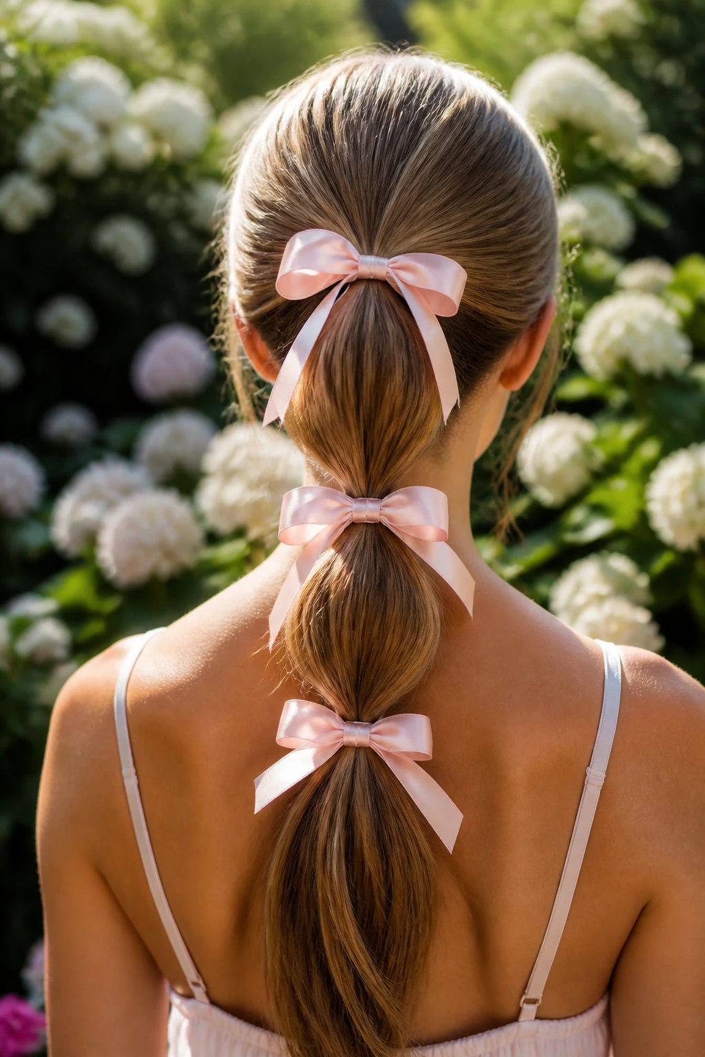 Rear view of a real woman with three ponytails tied with ribbon ties