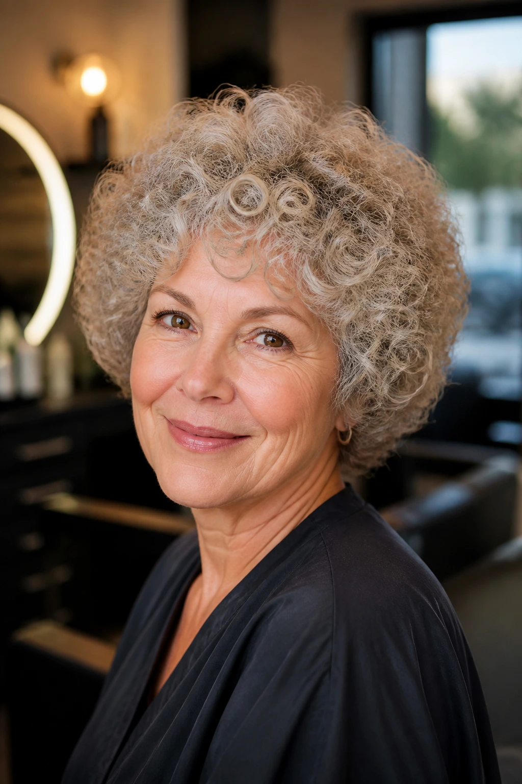 Close-up of a real woman with a poodle cut showing a rounded curly halo around the crown