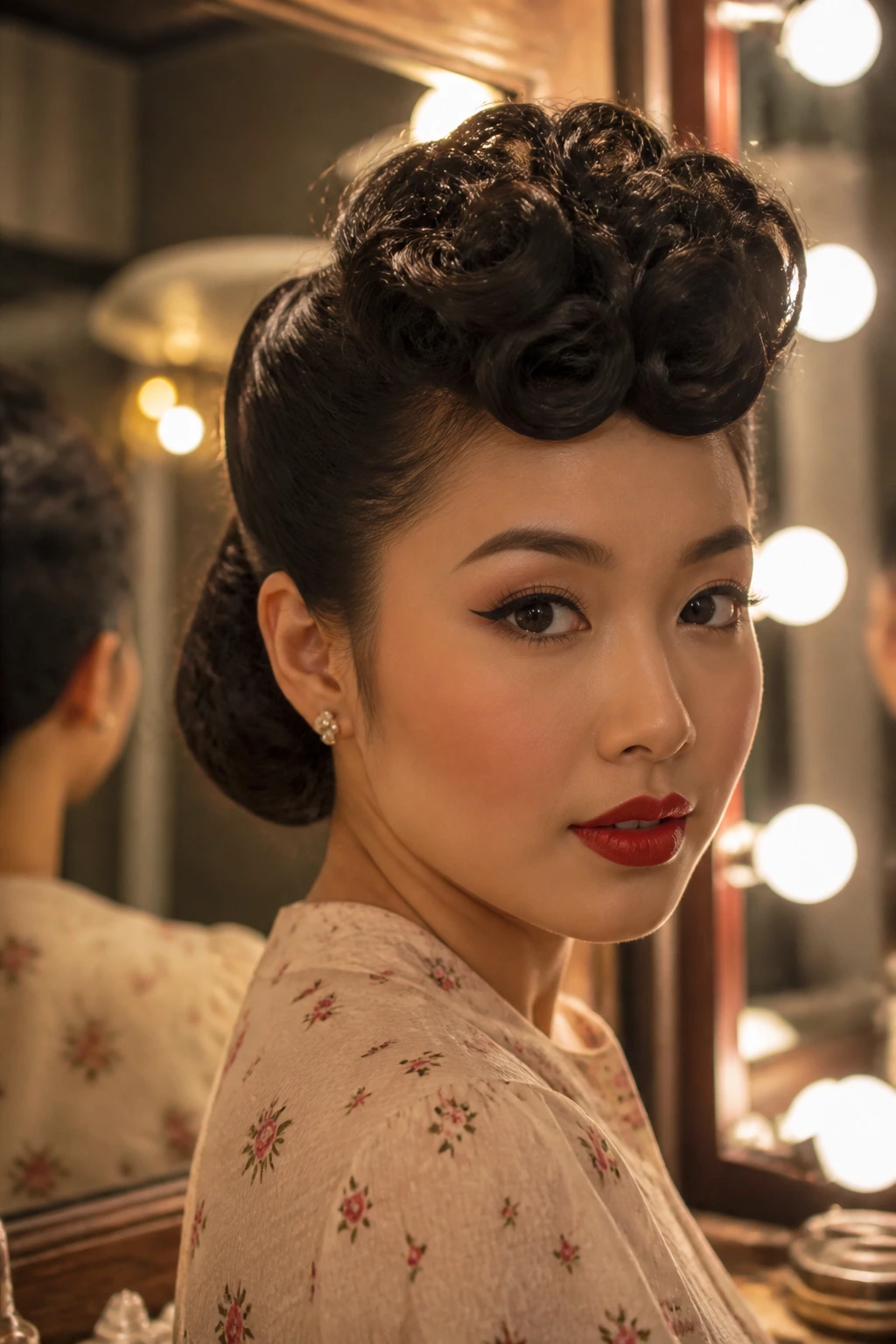 Close-up of a real woman with a 1940s poodle hairstyle featuring a curly crown and sleek back.