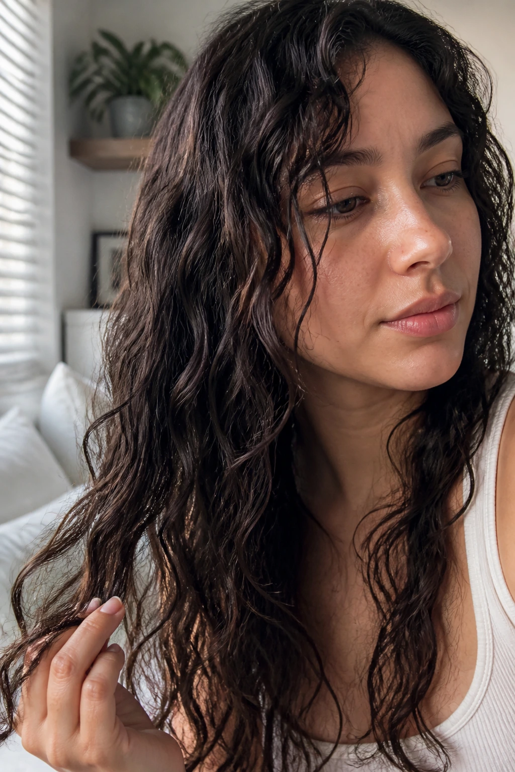Close-up of a real person with wavy hair illustrating porosity through texture and moisture