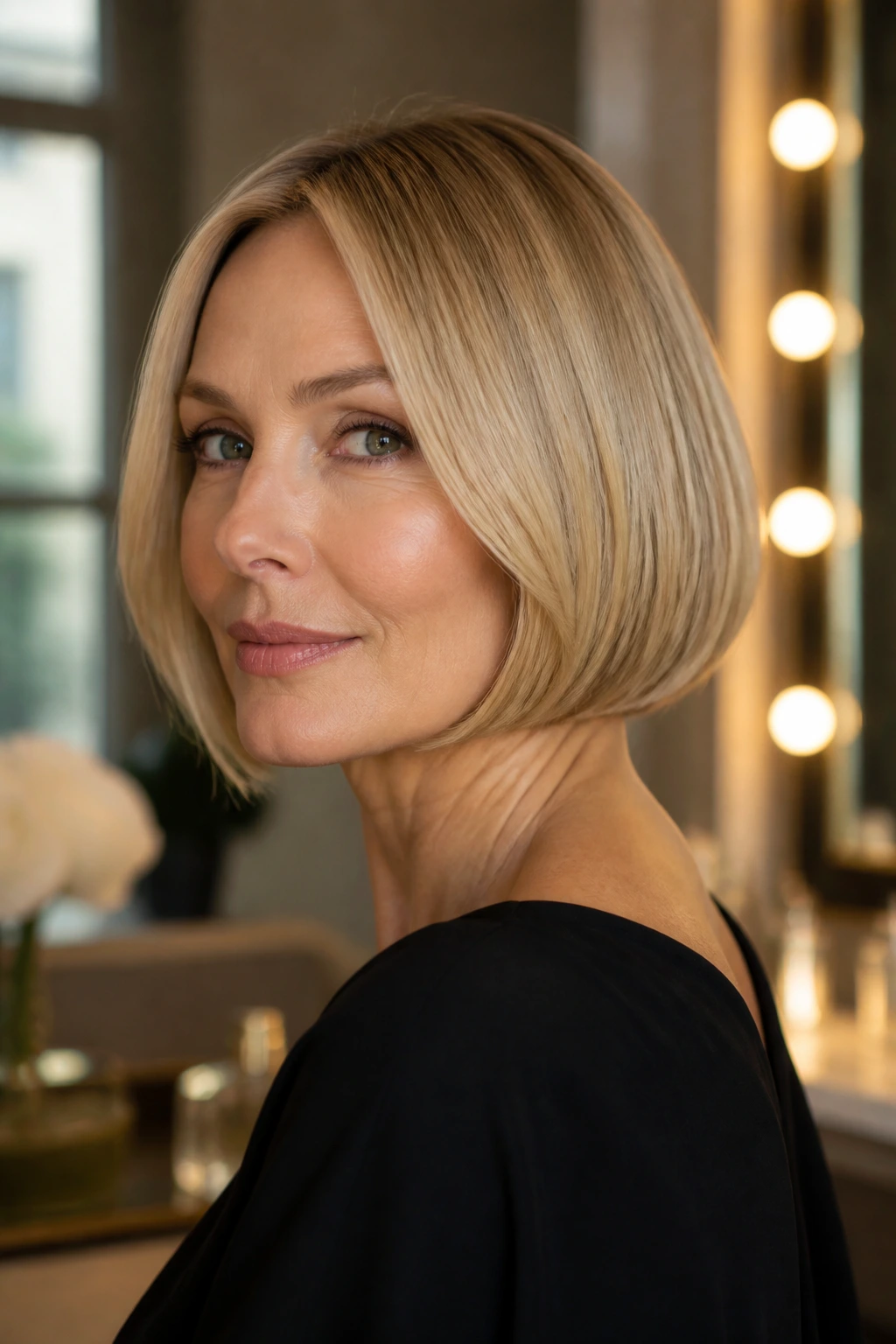 Close-up of a woman with a sleek posh bob and glossy finish