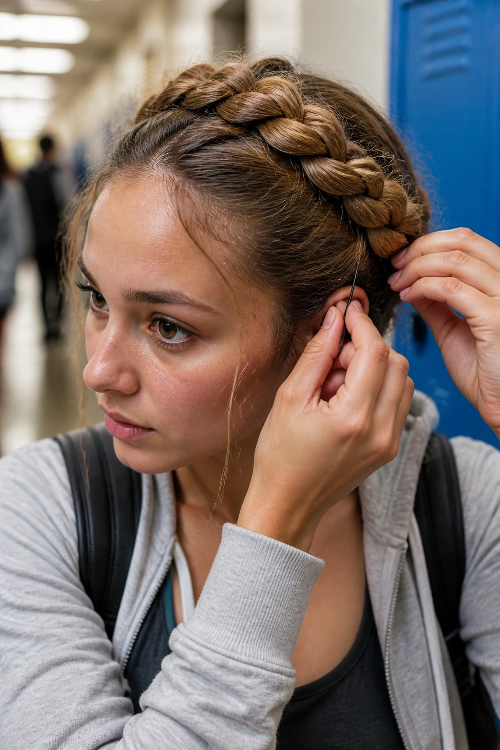 Close-up of a real person with a post-gym milkmaid braid and flyaways, tucked under the braid.