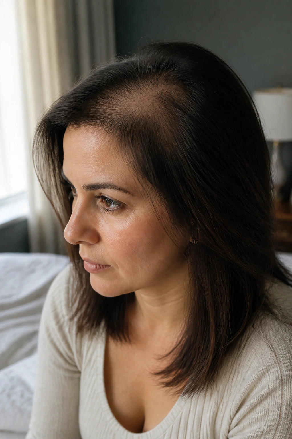 Close-up of a real mother with thinning postpartum hair and perimeter-weighted look