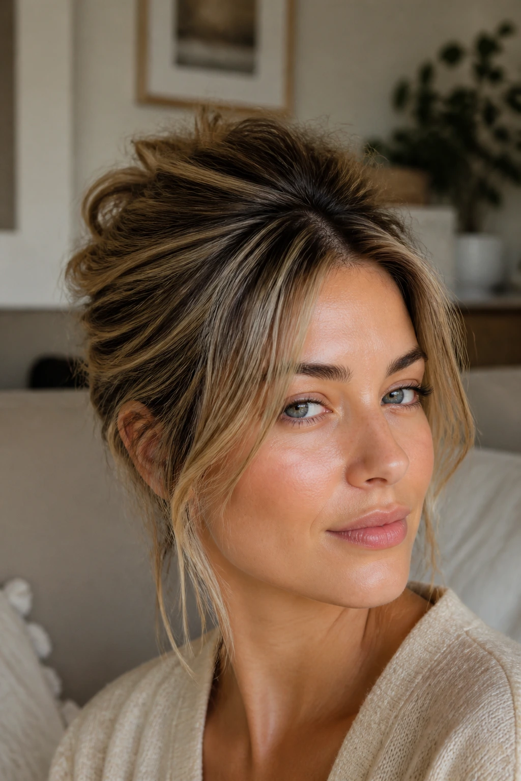 Close-up of a real woman with a messy pouf front hairstyle