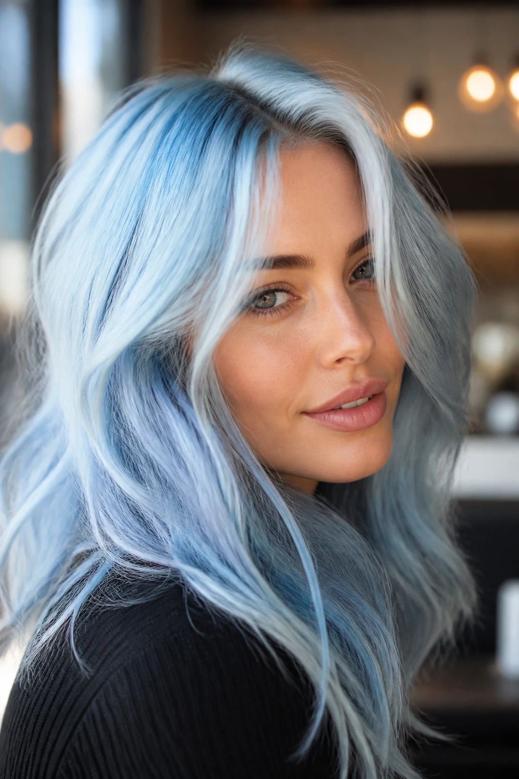 Close-up portrait of a real person with powder blue hair
