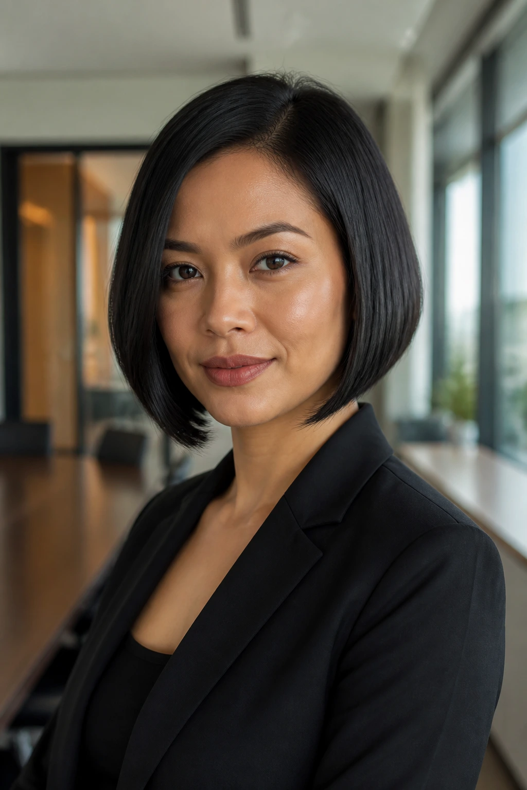 Close-up of a real woman with a power bob and tapered ends in a modern office