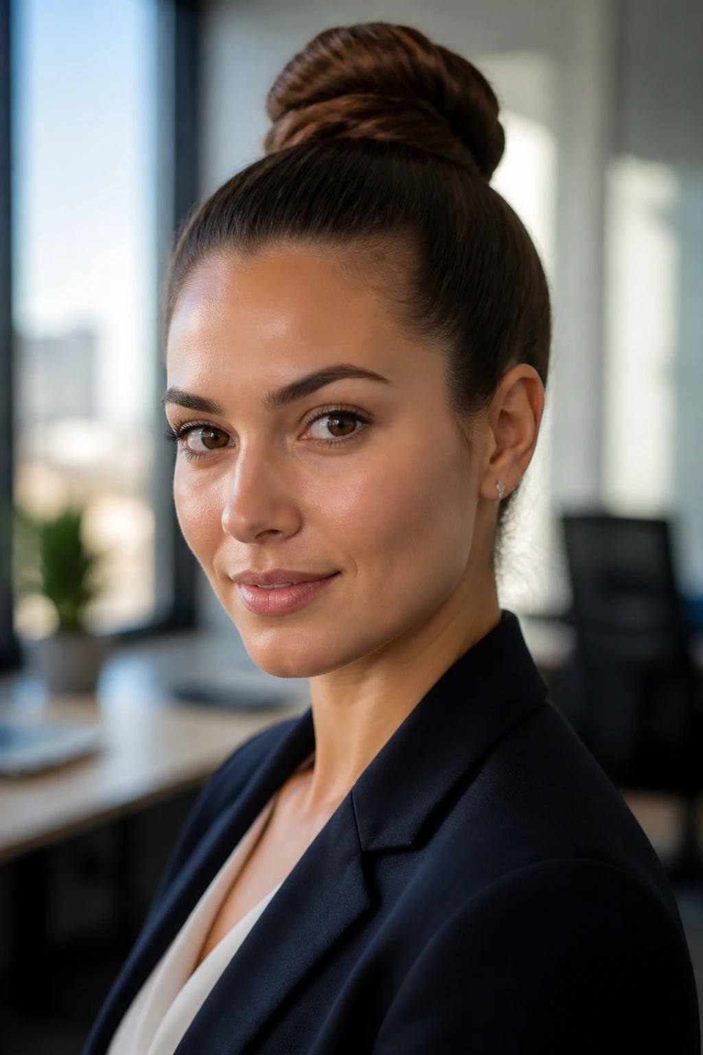 Portrait of a woman with a classic power bun in an office setting