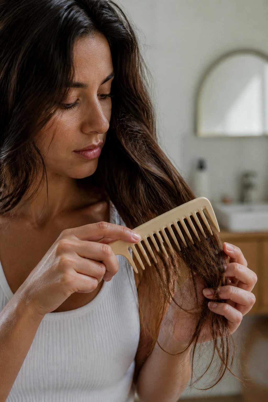 Close-up of a person detangling dry hair with a wide-tooth comb