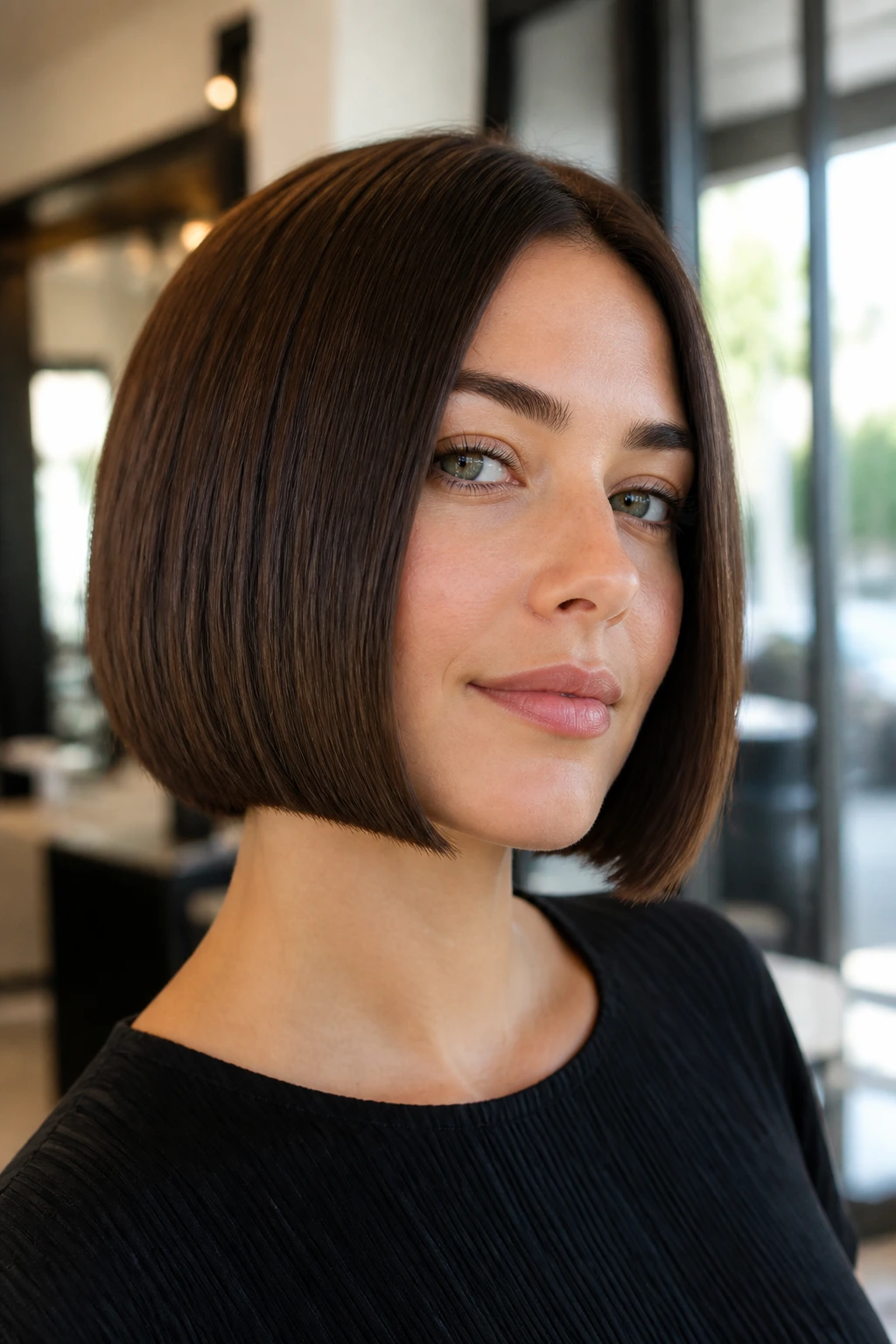Close-up of a real woman with a chin-length blunt precision A-Line bob in natural salon light