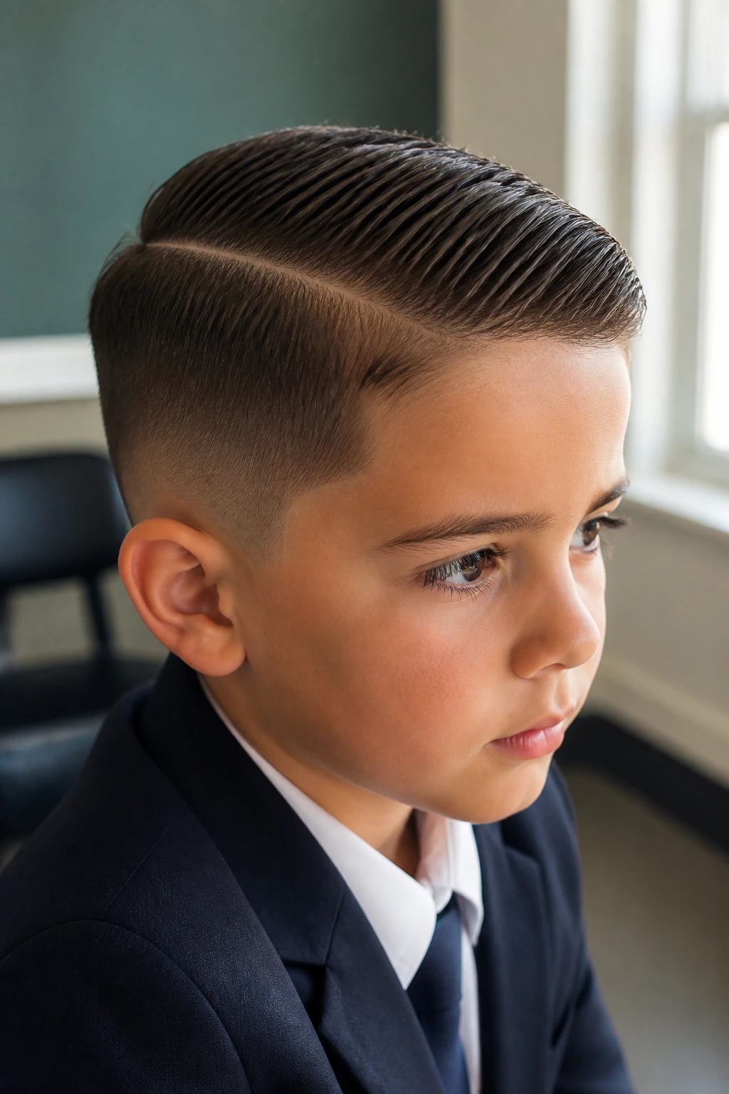 Close-up of a real child with a precision side part hairstyle.
