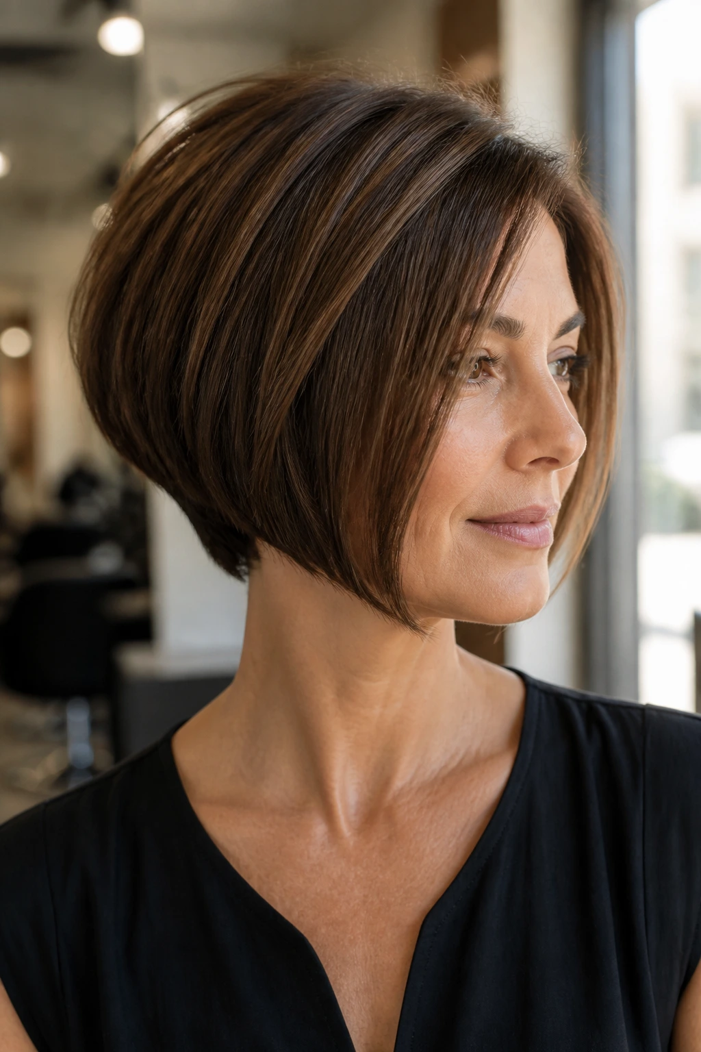 Close-up portrait of a real woman with a precision stacked bob, blunt jawline, short nape, natural warm lighting
