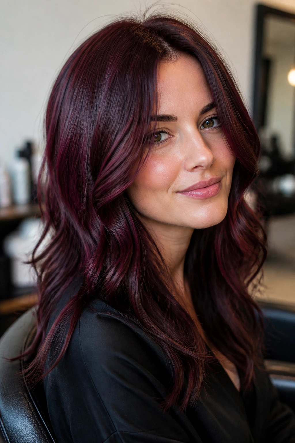 Portrait of a woman with multi-toned wine hair suggesting professional color blending