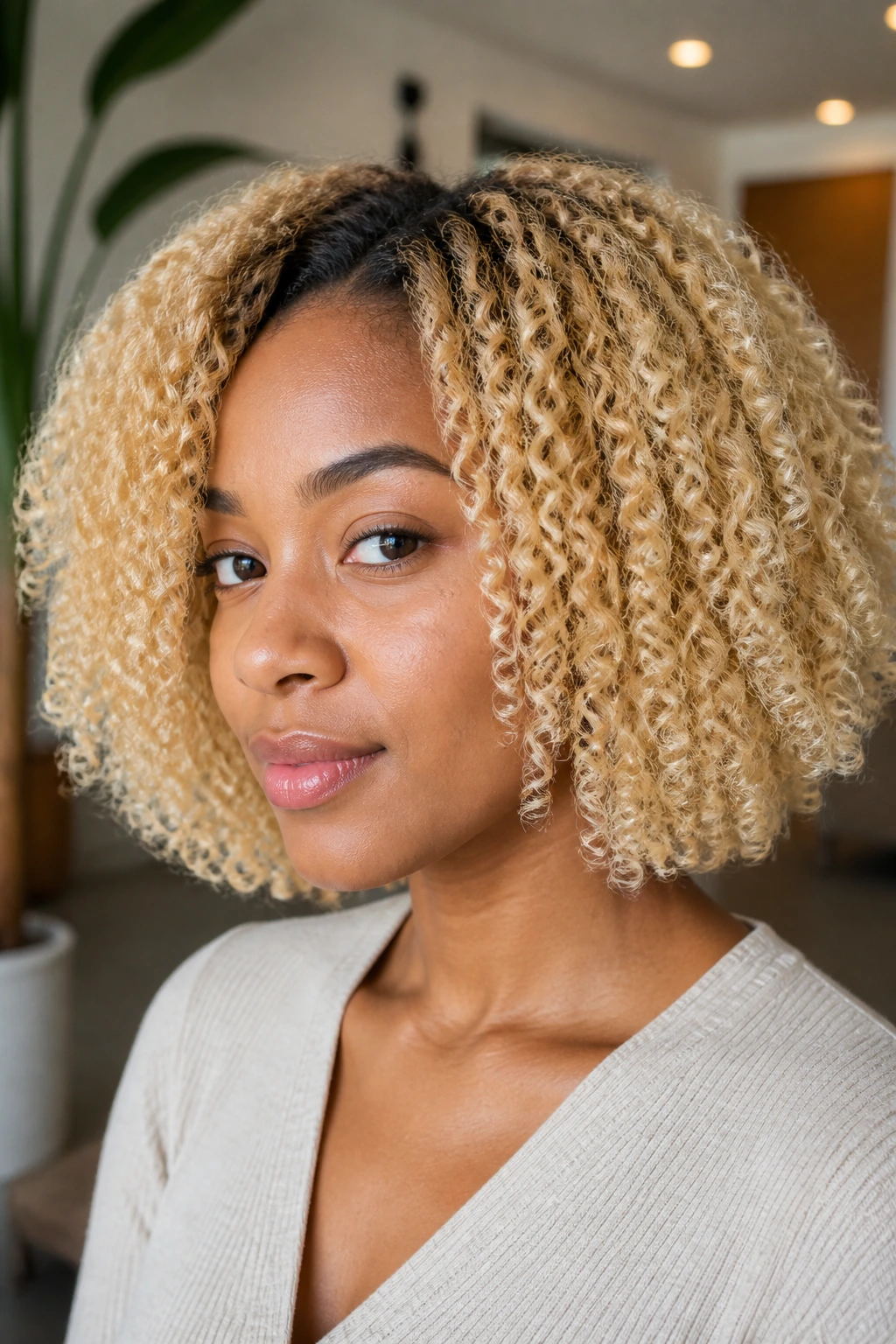 Portrait of real woman with salon-quality blonde hair in a modern home