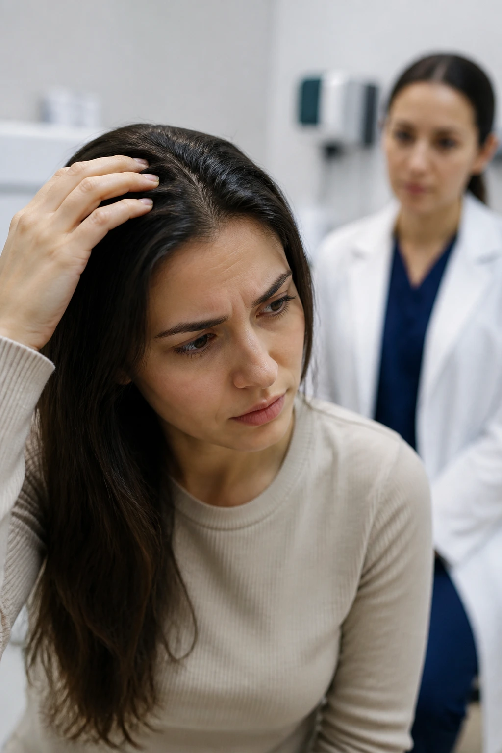 Patient in a dermatologist consultation, seeking professional scalp advice