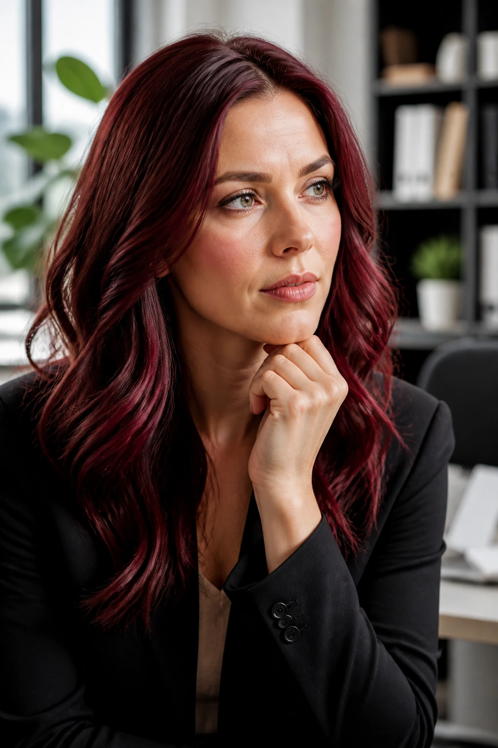 Professional with maroon hair thinking in an office setting