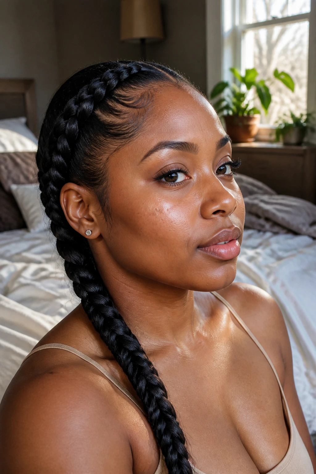 Close-up of real woman with tight-knit protective goddess braid near the scalp