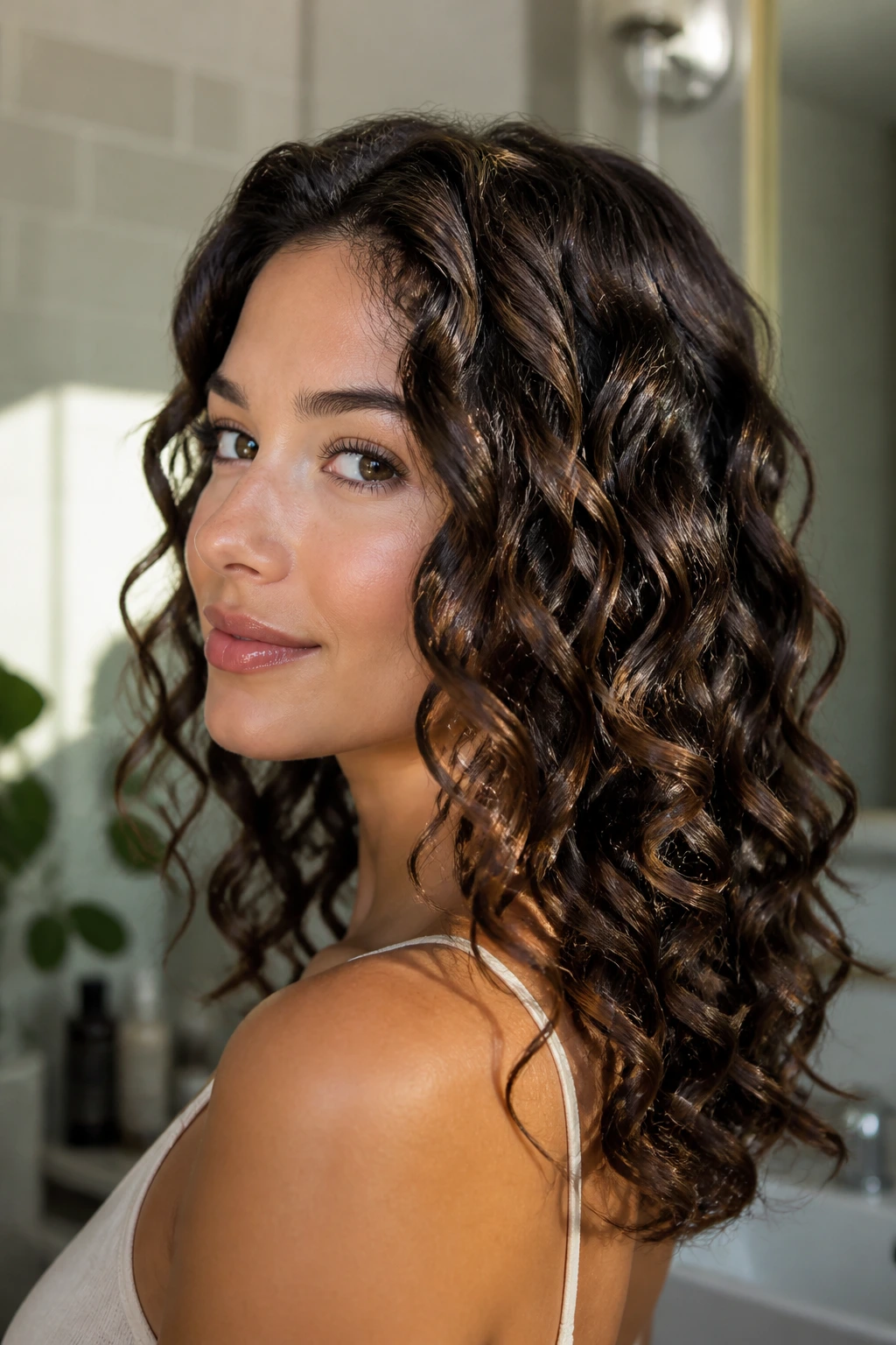 Close-up of protein-treated curls on a real person in a bathroom
