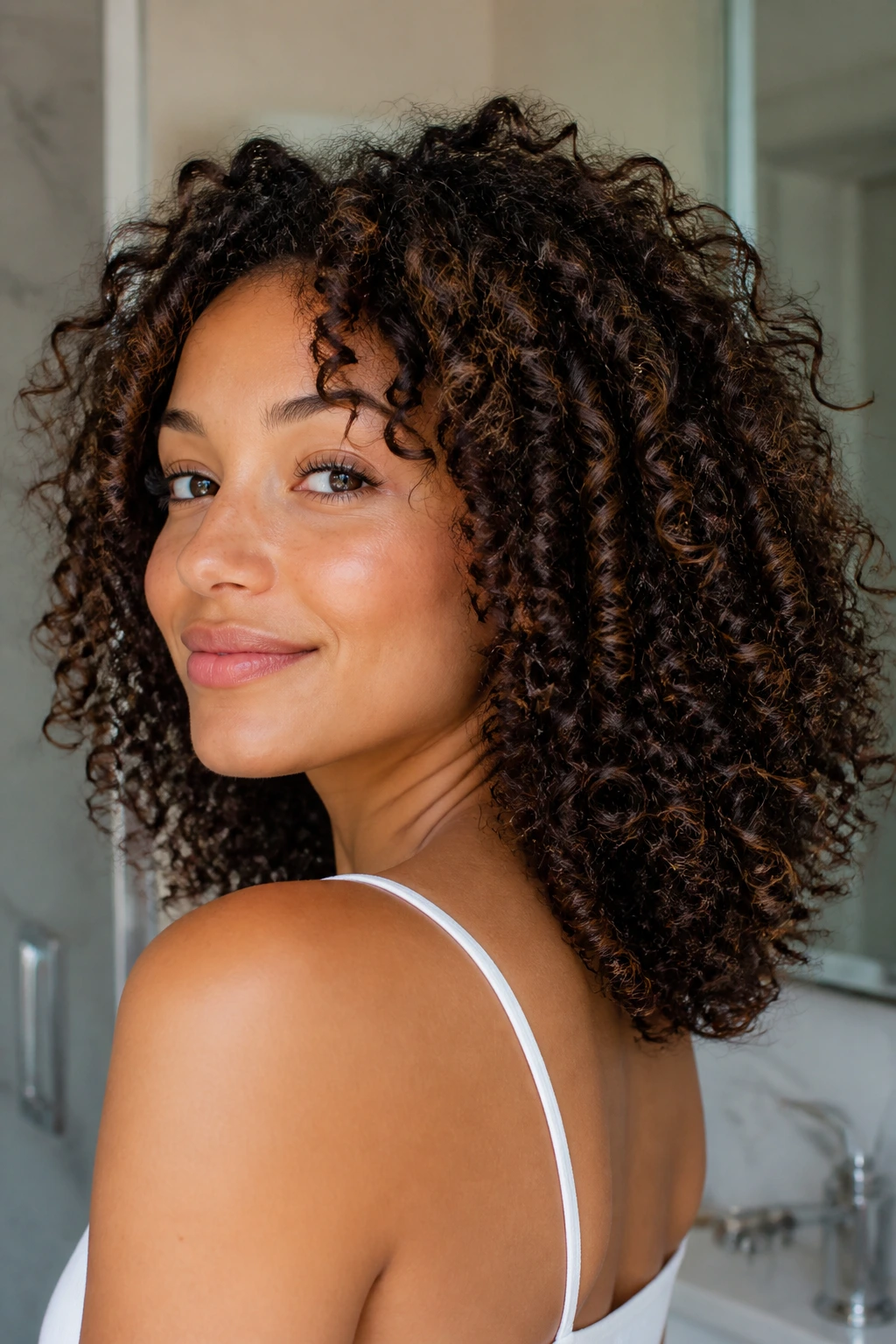 Real person with defined, bouncy curls after a protein treatment