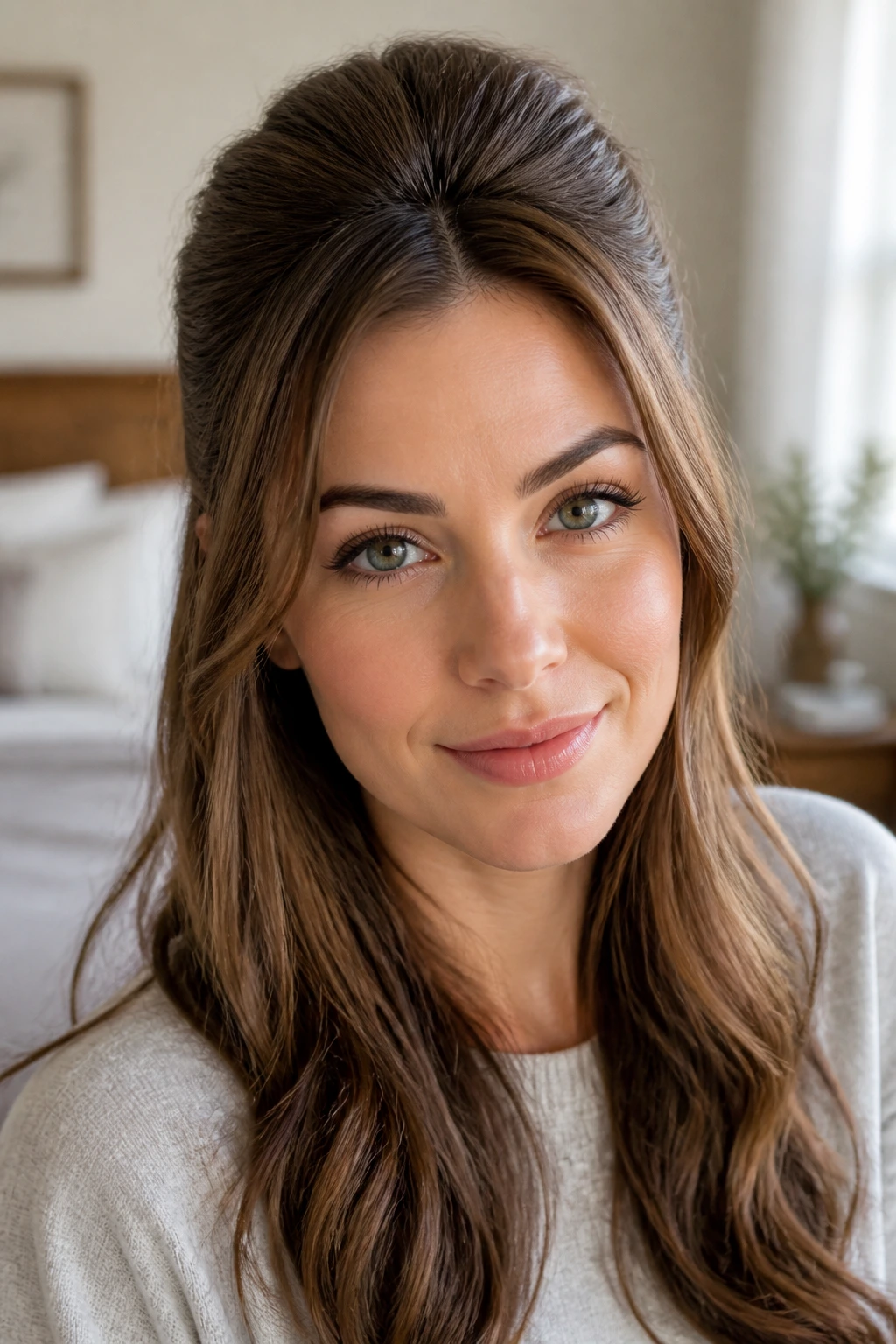 Close-up of a real woman with a crown puff half-up hairstyle in soft morning light