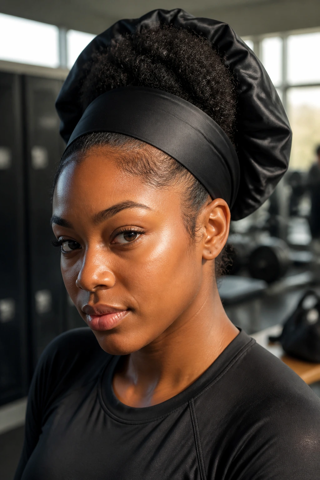 Close-up of a real woman with a high puff and a wide satin band in gym setting