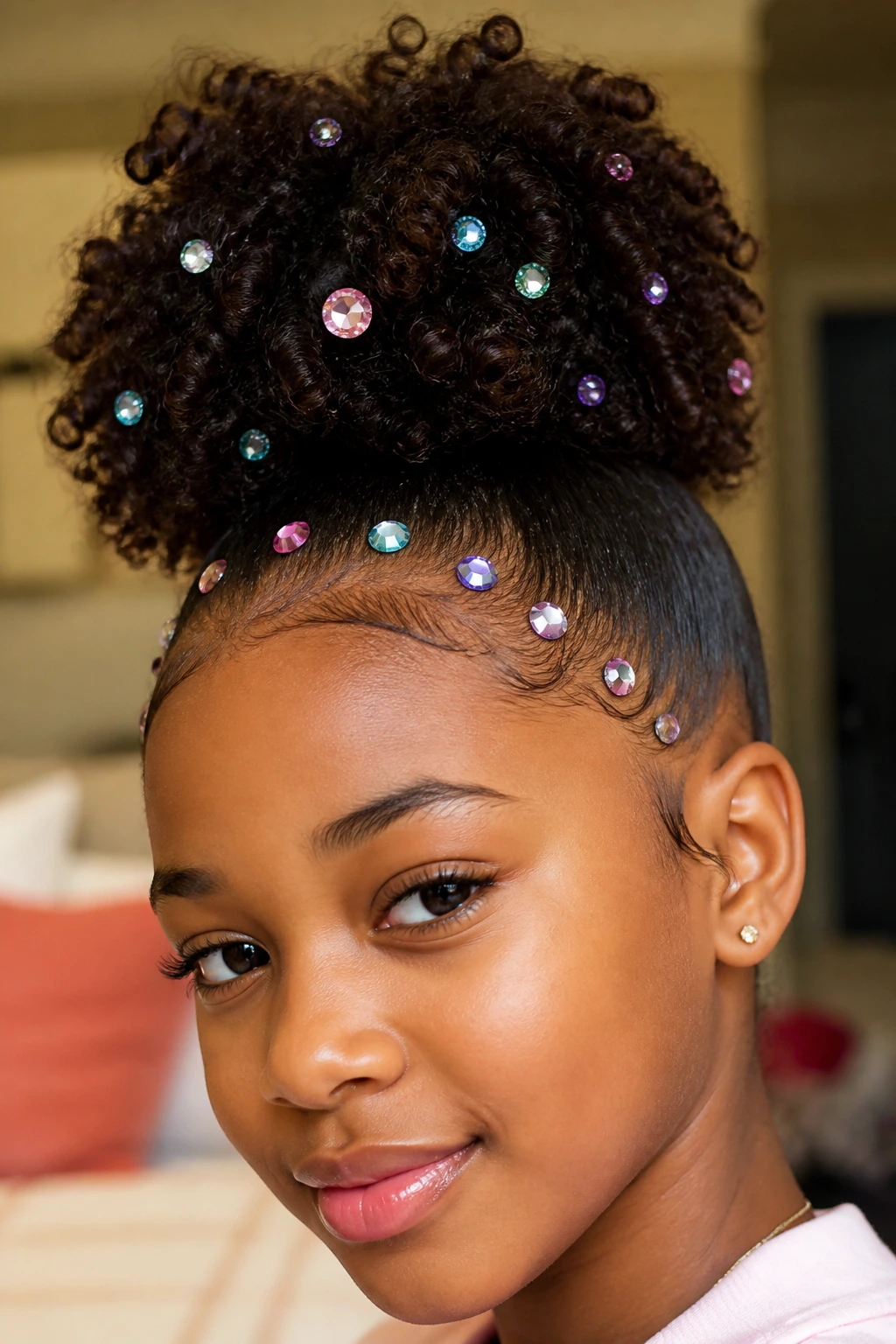 Close-up of a real person with a high curly puff and pastel hair gems on the puff