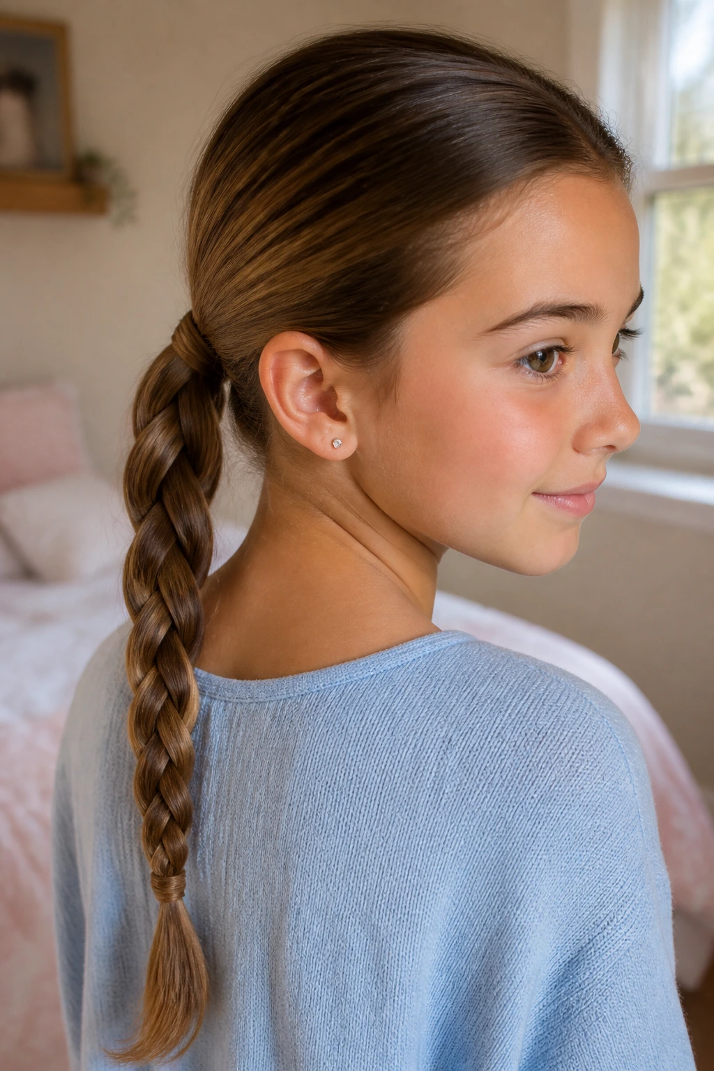 Close-up of a real person with a classic pull-back braid in a low ponytail under soft morning light.