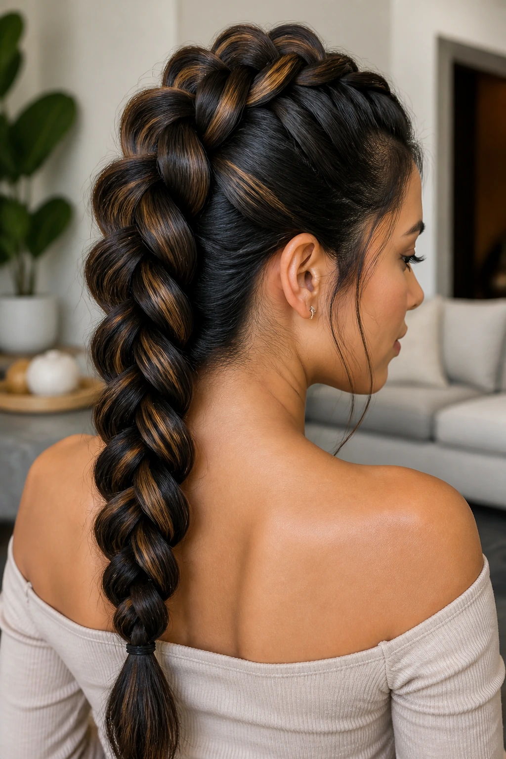Close-up of a real woman with a wide pull-through braid along the crown.