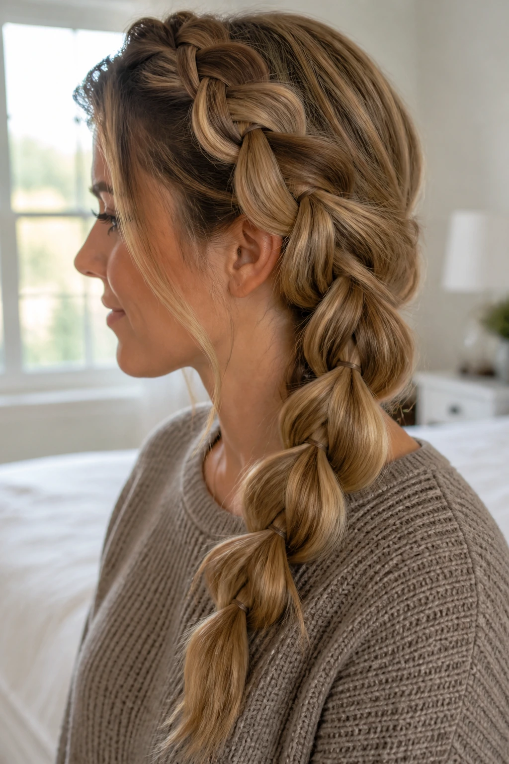 Real woman in profile with pull-through side braid