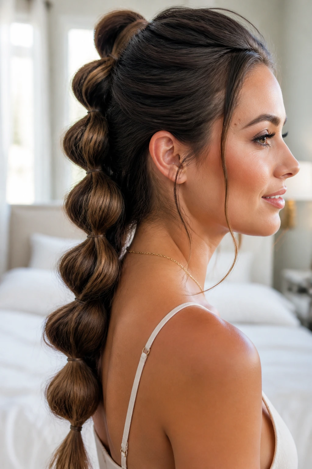 Close-up profile of a real woman with a pull-through braid
