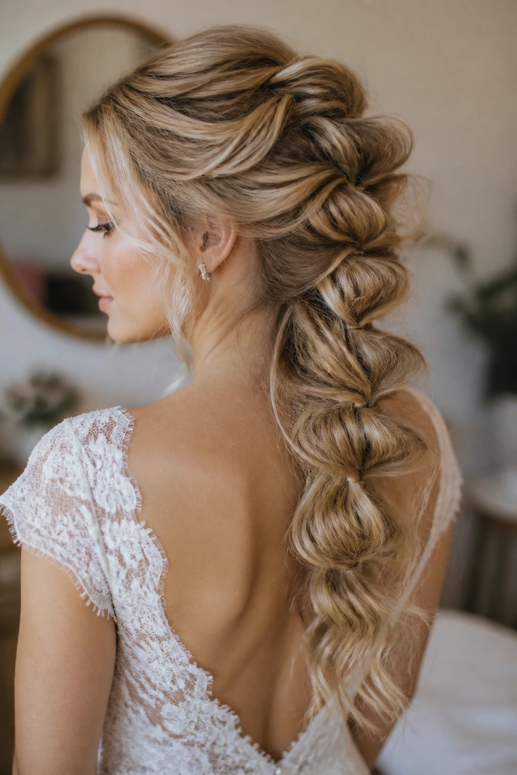 Close-up of a real bride with a messy pull-through braid showing thickness.