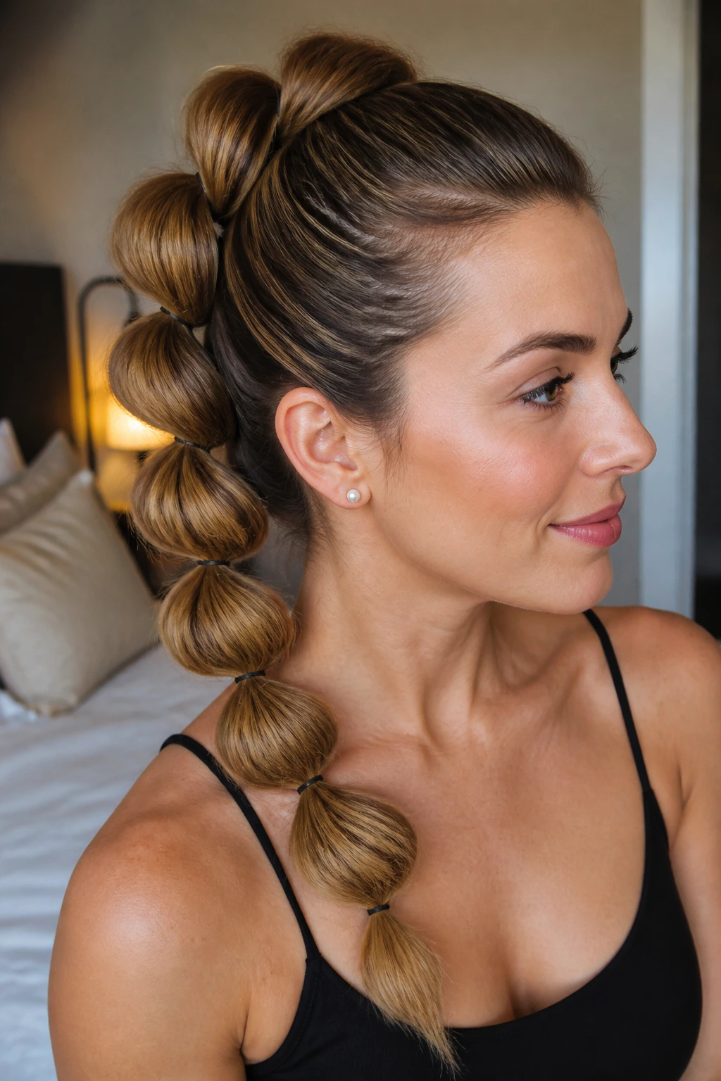 Close-up portrait of a real woman with a pull-through banana braid showing bubble segments along a curved path.