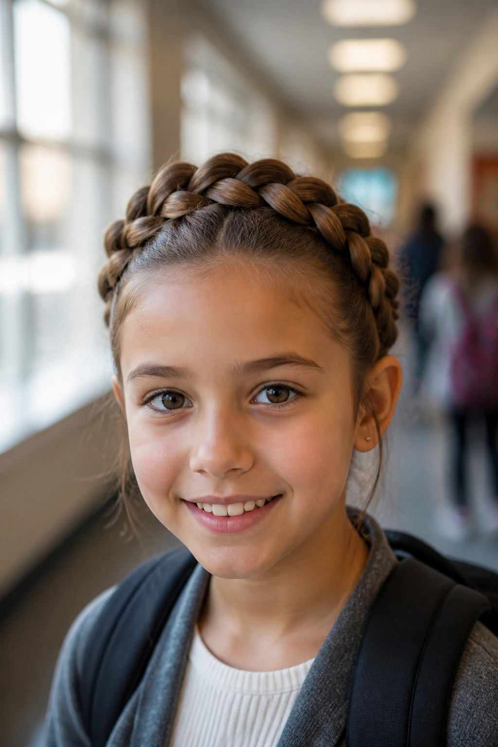 Close-up of pull-through braid crown on real student in a school hallway