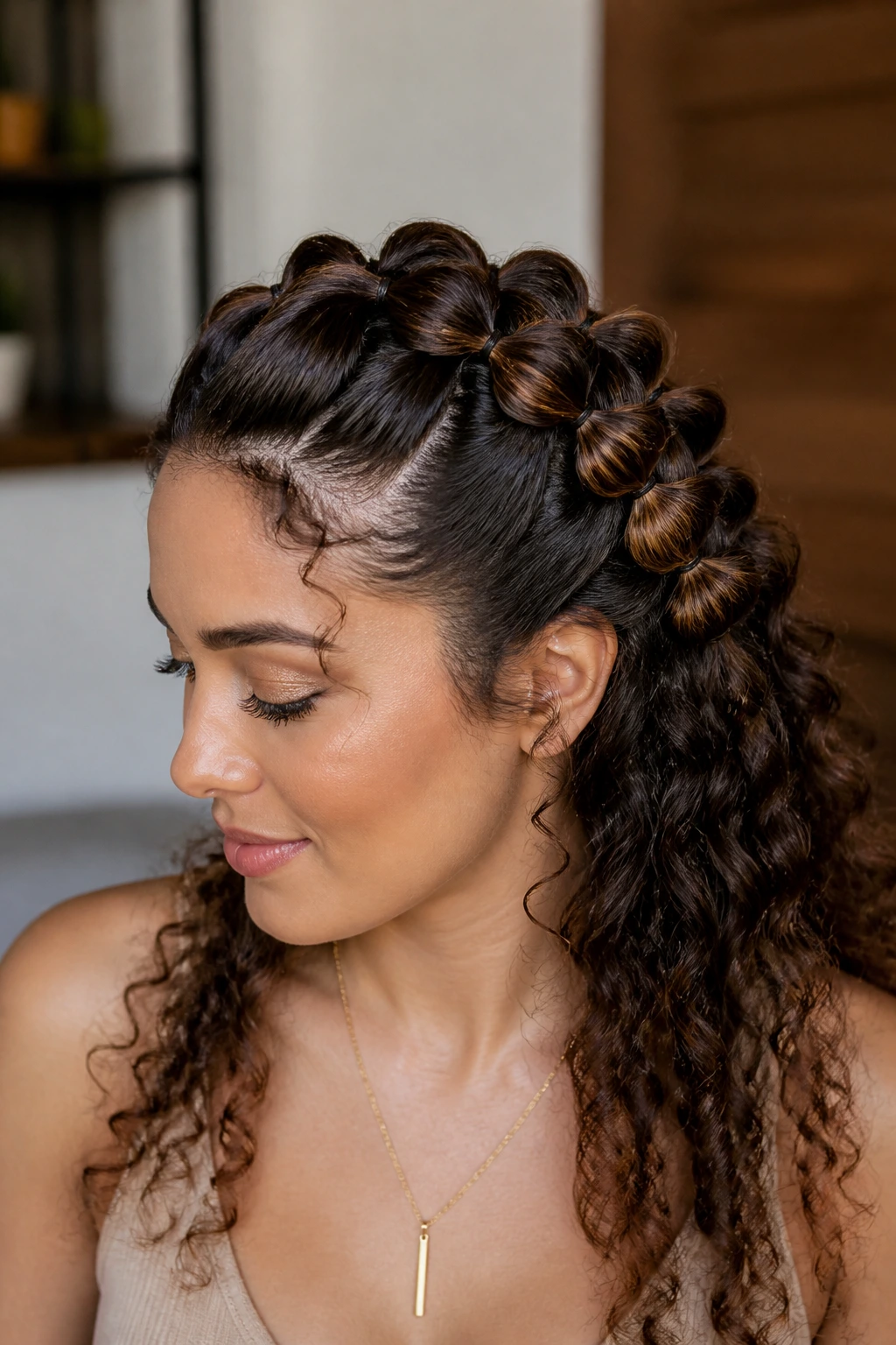 Close-up of real woman with pull-through braid illusion on curly hair
