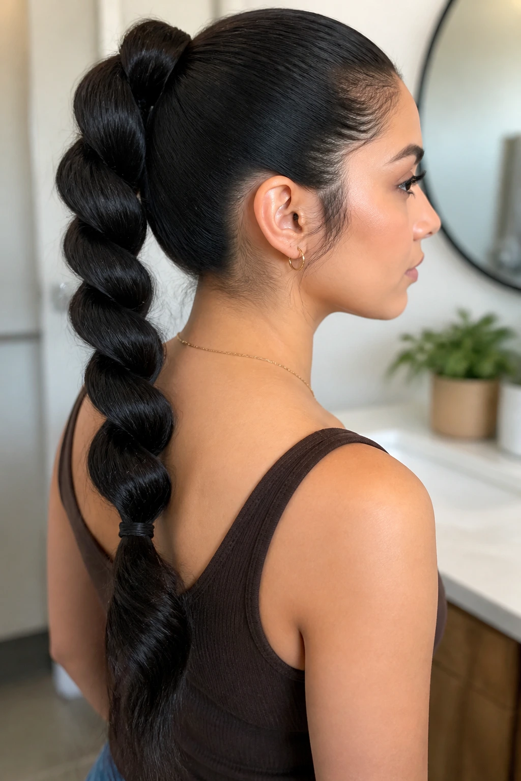 Portrait of a person showing a pull-through braid along a high ponytail