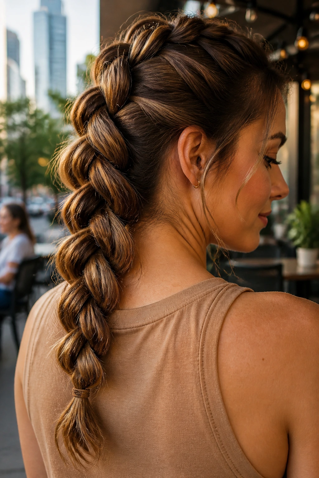 Close-up of a real woman with a thick pull-through braid filling the frame in a sunny city cafe setting