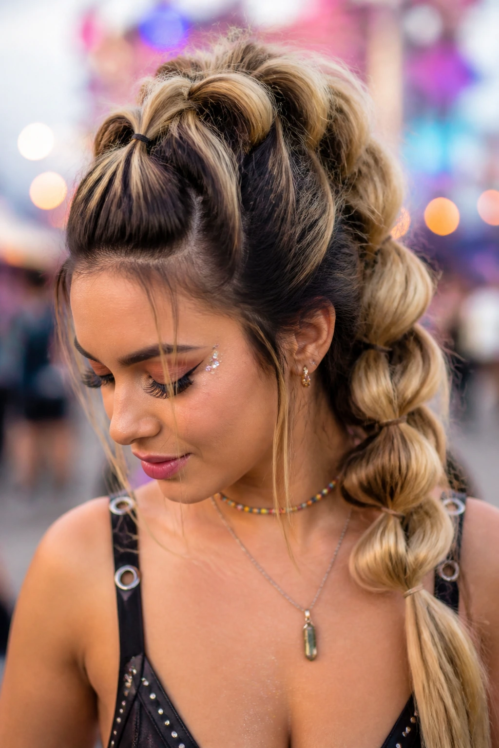 Close-up of a real person with a large pull-through braid on the crown