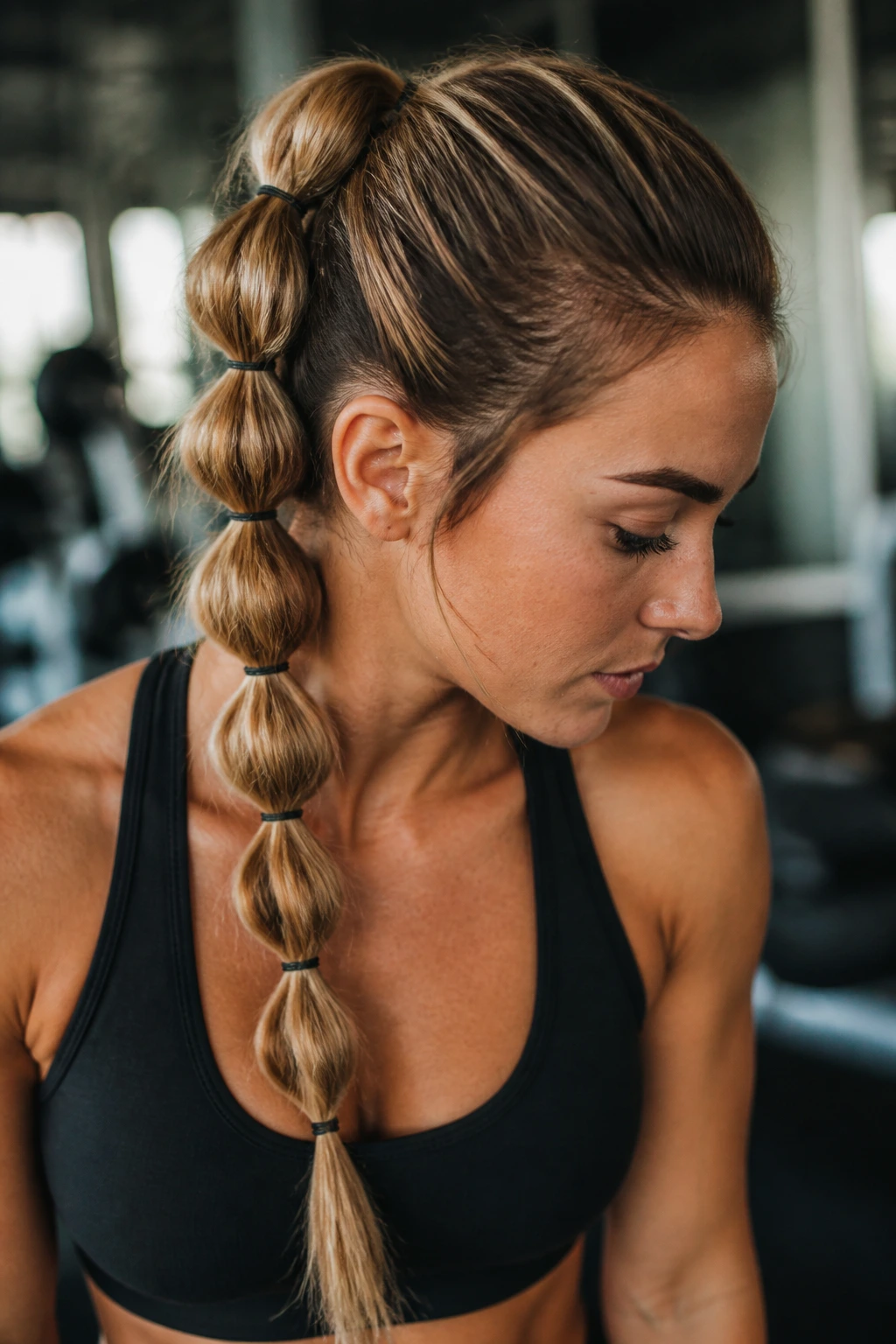 Portrait of a real person with a pull-through braid during workout