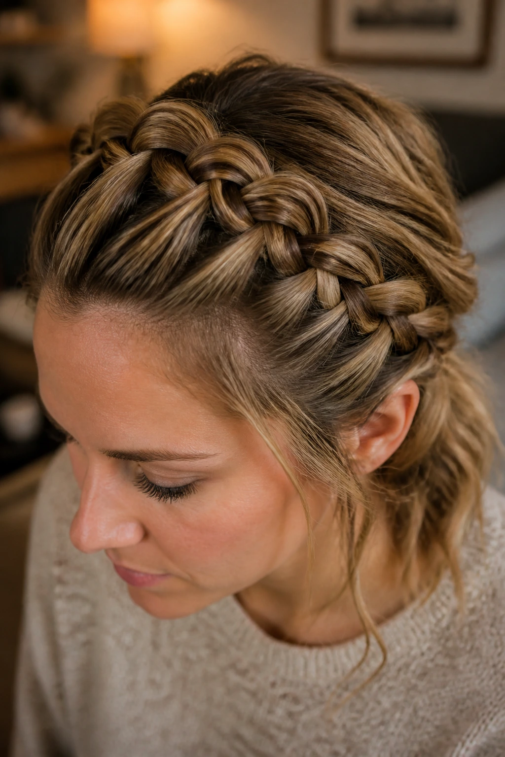 Close-up of a real person with a broad pull-through headband braid across the front hairline