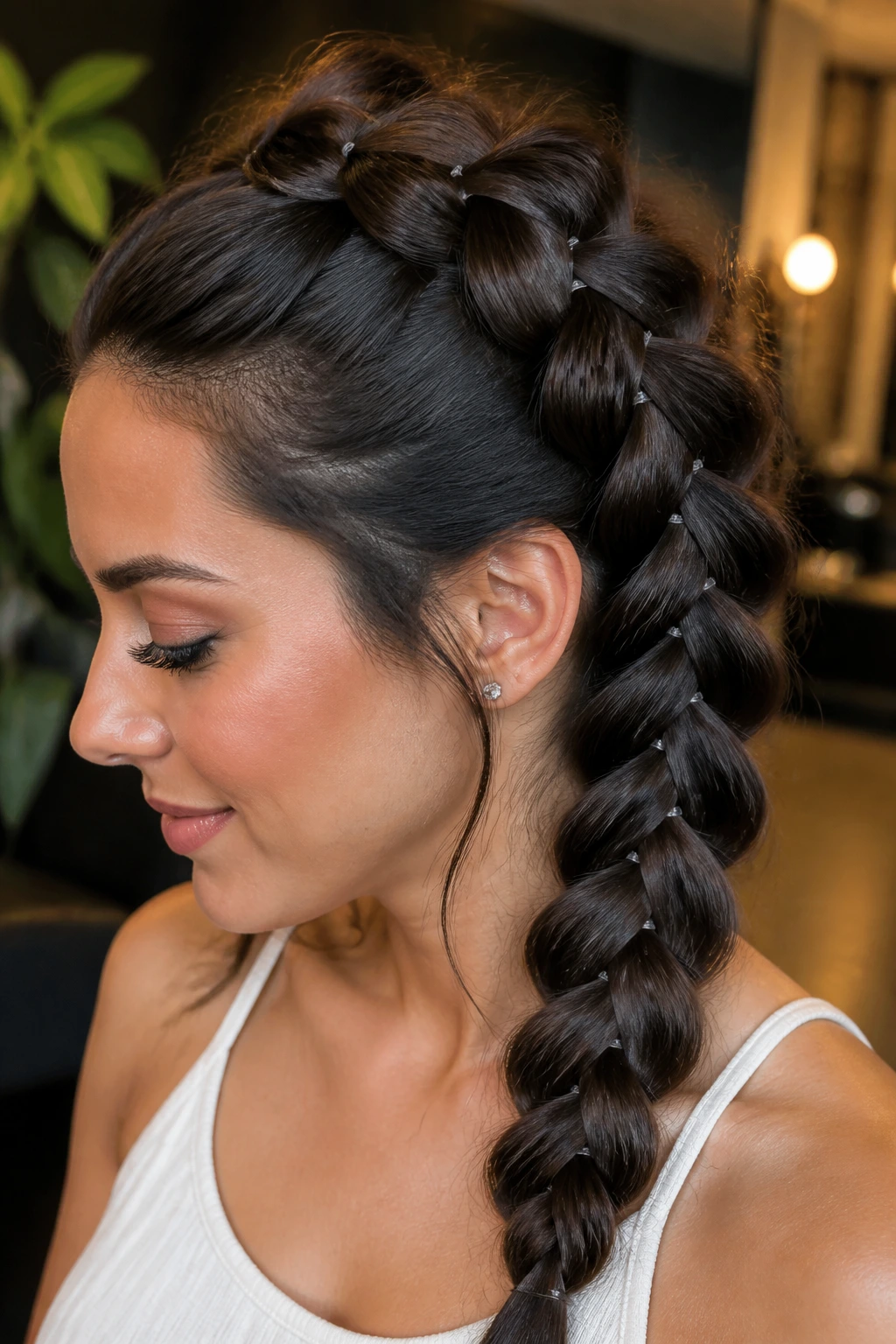 Close-up of interwoven pull-through braid on thick hair