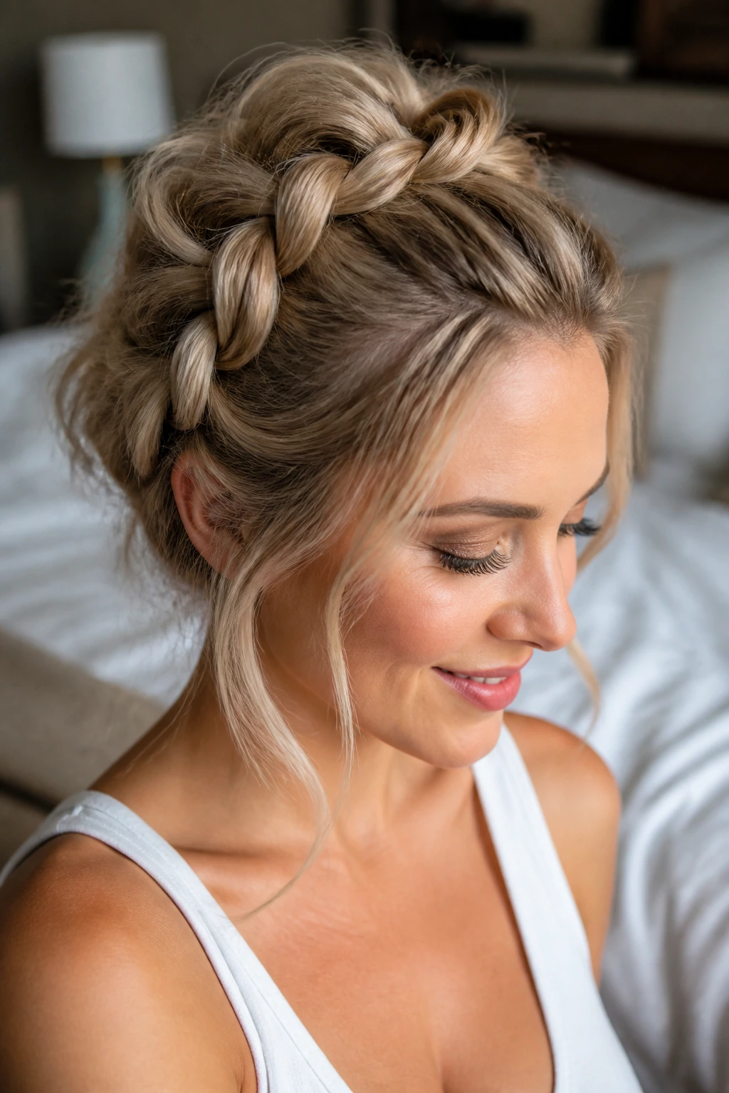 Close-up portrait of a real woman with a messy pull-through braid in soft window light.