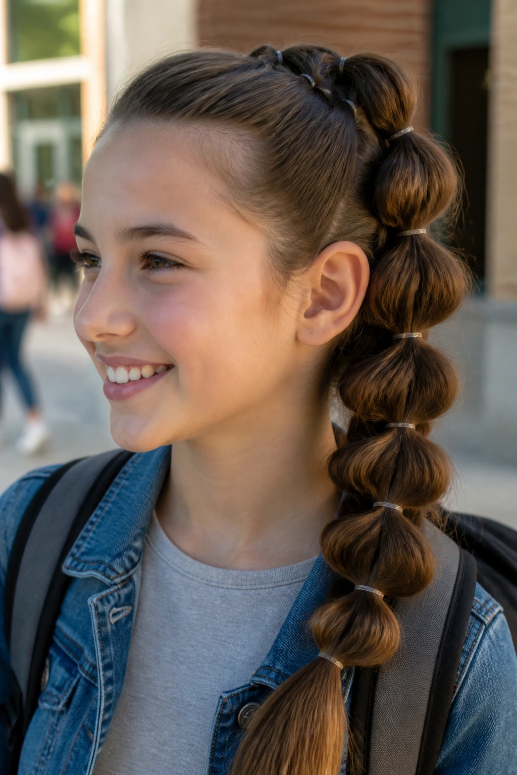 Close-up of a student with a pull-through braid and micro-bands