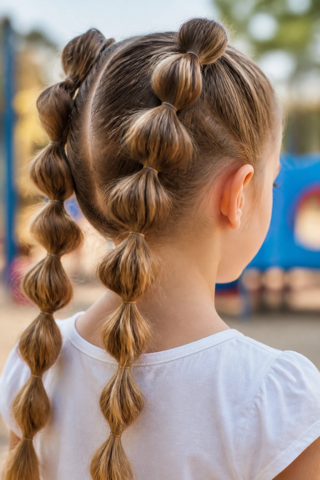 Close-up of child with pull-through braid pigtails in outdoor daylight