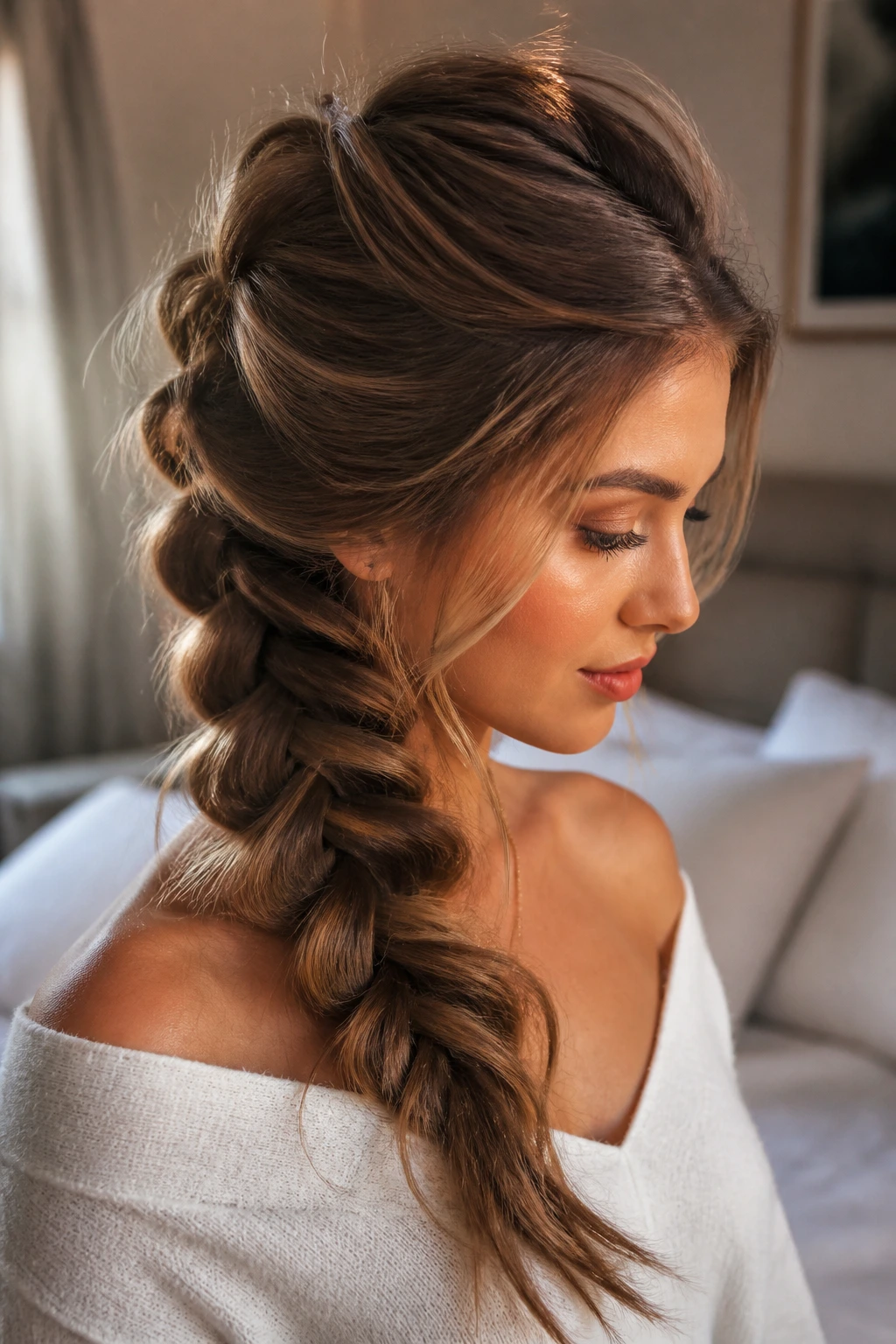 Close-up of a real woman with a pull-through braid under soft window light