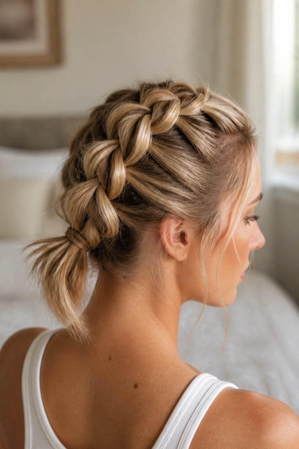 Close-up portrait of a real woman with a pull-through French faux-braid in a cozy bedroom.