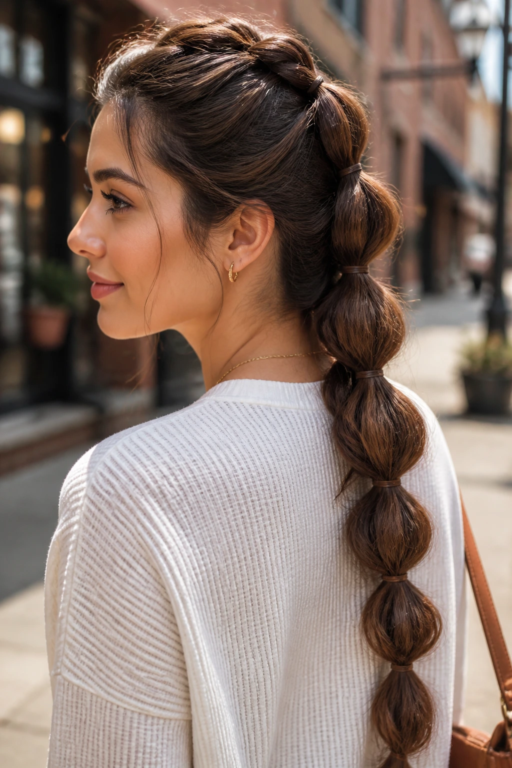 Close-up portrait of a real woman with a pull-through faux braid using elastic bubbles